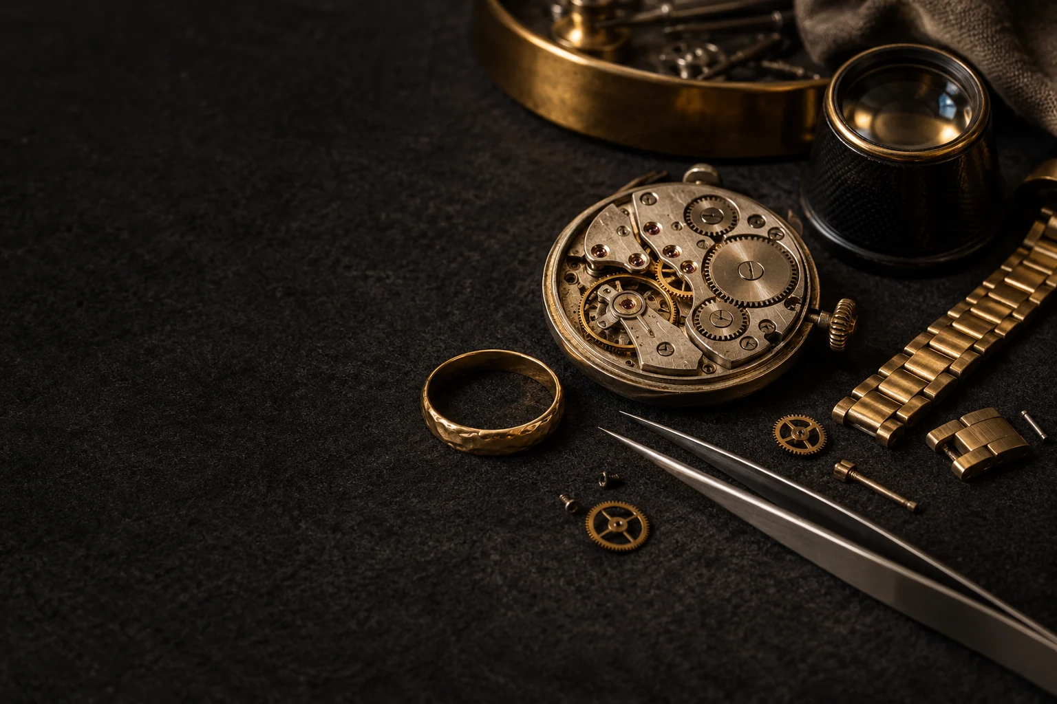 Illustrative jeweler workbench with a mechanical watch movement, bracelet links, loupe and gold ring; not the merchant premises, staff or customer property.